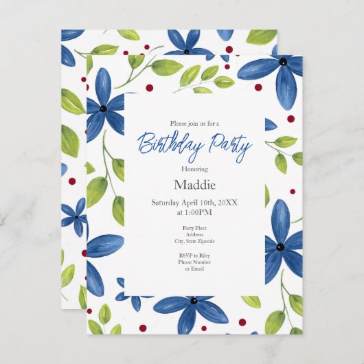 インディゴウォーターカラーフローラブーケパターン 招待状 (正面/裏面)