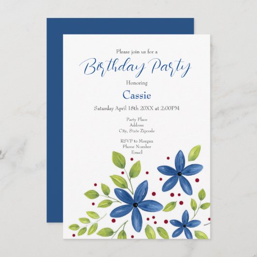 インディゴウォーターカラーフローラブーケ 招待状 (正面/裏面)