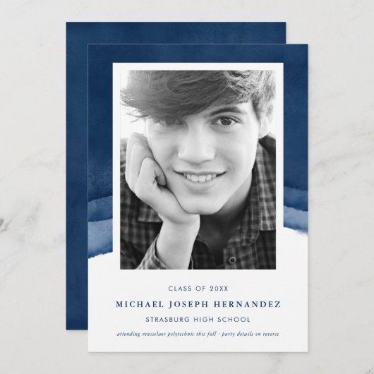 インディゴウォーターカラー卒業写真のお知らせ 招待状 (正面/裏面)