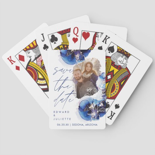 インディゴウォーターカラー瑪瑙フローラ写真Save The Date トランプ (裏面)