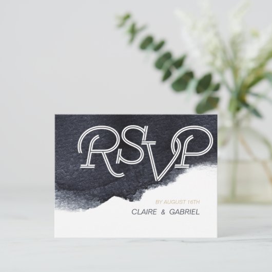 インディゴウォーターモダンカラーシンプル結婚式RSVP インビテーションポストカード (スタンド正面)