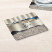 インディゴエレガントブルー瑪瑙セクイン スクエアペーパーコースター (アングル)