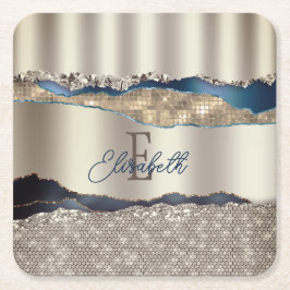 インディゴエレガントブルー瑪瑙セクイン スクエアペーパーコースター