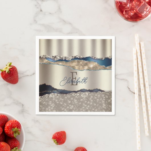 インディゴエレガントブルー瑪瑙セクイン スタンダードカクテルナプキン (インサイチュ)