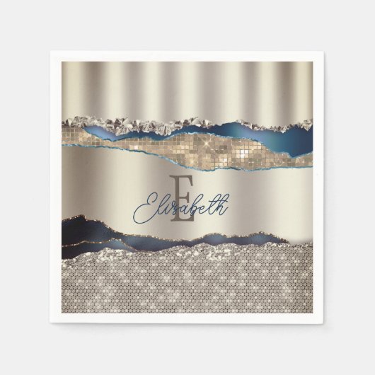 インディゴエレガントブルー瑪瑙セクイン スタンダードカクテルナプキン (正面)