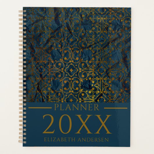 インディゴクラシック金ゴールドエレガントダマスクイヤープランナー プランナー手帳 (正面)
