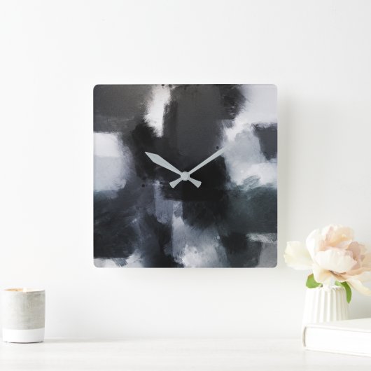 インディゴグレー黒のモダン抽象芸術ブラシストローク スクエア壁時計 (ホーム)