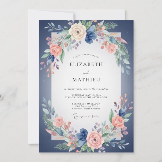 インディゴコーラルボタン wedding 招待状 (正面)