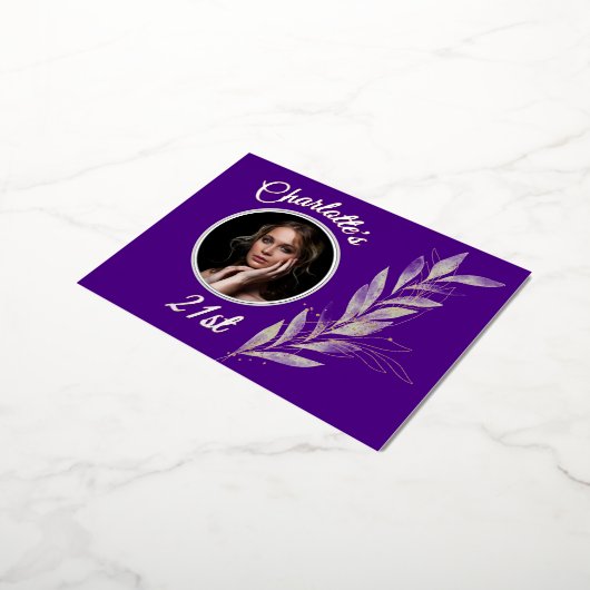 インディゴシルバー&金ゴールドウォーターカラーリーフ誕生日 箔招待状ポストカード (回転した状態)