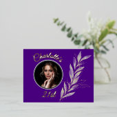 インディゴシルバー&金ゴールドウォーターカラーリーフ誕生日 箔招待状ポストカード (立ち正面)