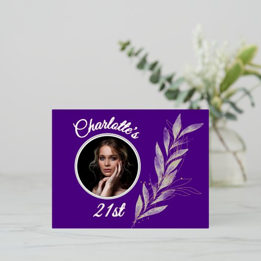 インディゴシルバー&金ゴールドウォーターカラーリーフ誕生日 箔招待状ポストカード (立ち正面)