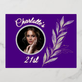 インディゴシルバー&金ゴールドウォーターカラーリーフ誕生日 箔招待状ポストカード (正面)