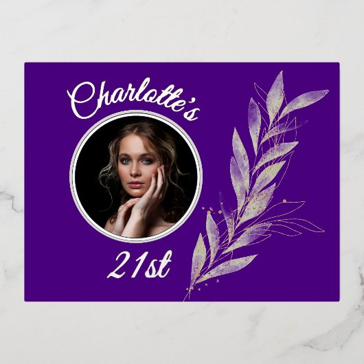 インディゴシルバー&金ゴールドウォーターカラーリーフ誕生日 箔招待状ポストカード (正面)