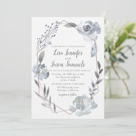 インディゴダスティブルーフローラ幾何学的ウェディング招待 招待状 (スタンド正面)