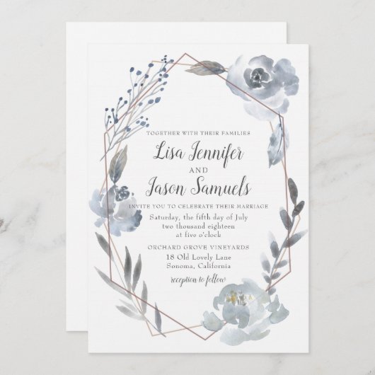 インディゴダスティブルーフローラ幾何学的ウェディング招待 招待状 (正面/裏面)