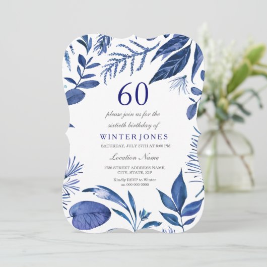 インディゴネイビーブルーリーフフローラ60th誕生日招待状 招待状 (スタンド正面)