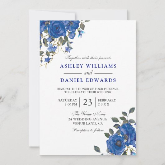 インディゴネイビーミッドナイトブルー結婚フローラ 招待状 (正面)