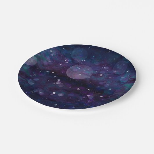 インディゴバイオレットかわいらしスパークルライトハート&スター ペーパープレート (アングル)