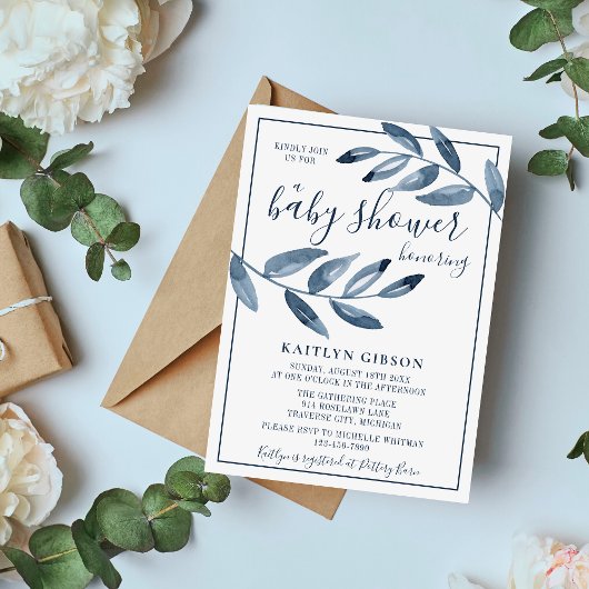 インディゴブリスウォーターカラーリーフブランチ赤ちゃんシャワー 招待状