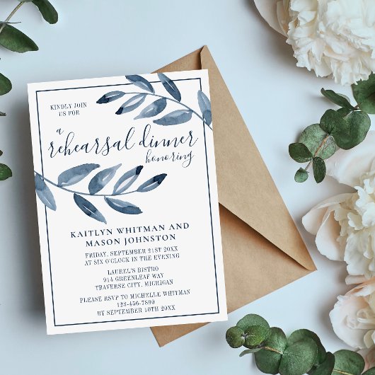 インディゴブリスウォーターカラーリーフリハーサルディナー 招待状
