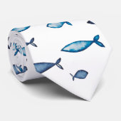 インディゴブルーとティール(緑がかった色)水彩魚 ネクタイ (ロール)