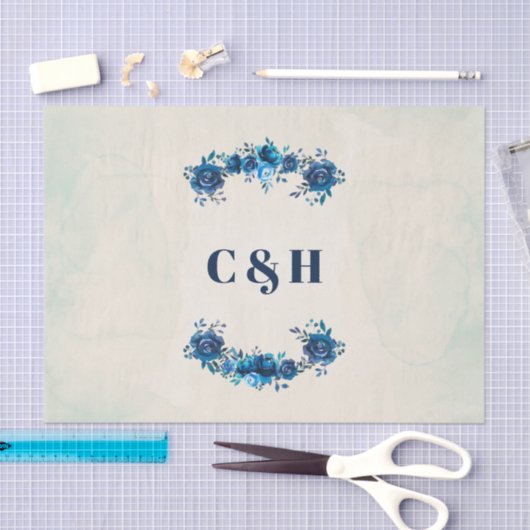 インディゴブルーとベージュの水の色の花結婚の色 薄葉紙 (クラフト)