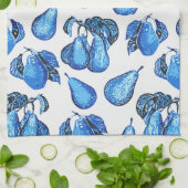 インディゴブルーとホワイトに散らばった梨のプリント キッチンタオル (折り畳み)