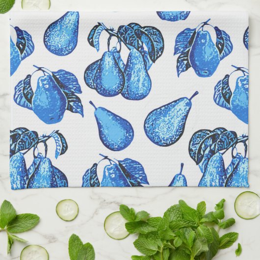 インディゴブルーとホワイトに散らばった梨のプリント キッチンタオル (折り畳み)