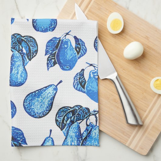 インディゴブルーとホワイトに散らばった梨のプリント キッチンタオル (四つ折り)