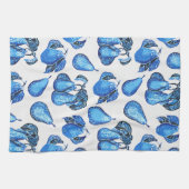 インディゴブルーとホワイトに散らばった梨のプリント キッチンタオル (横)