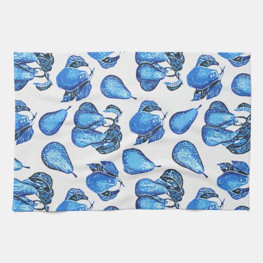 インディゴブルーとホワイトに散らばった梨のプリント キッチンタオル (横)