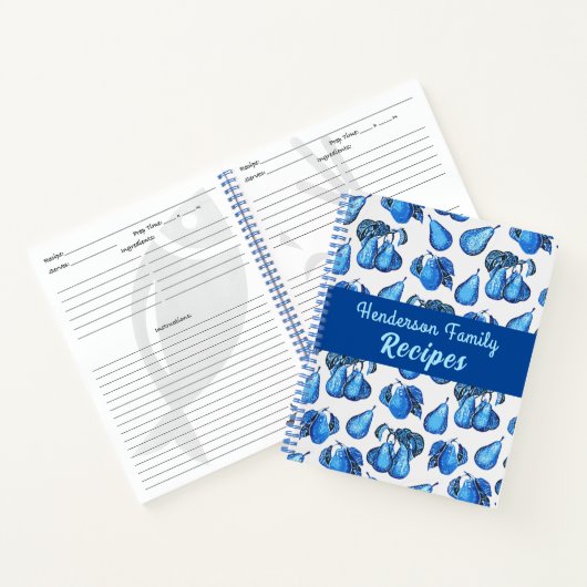 インディゴブルーとホワイトに散らばった梨のプリント ノートブック (内部)