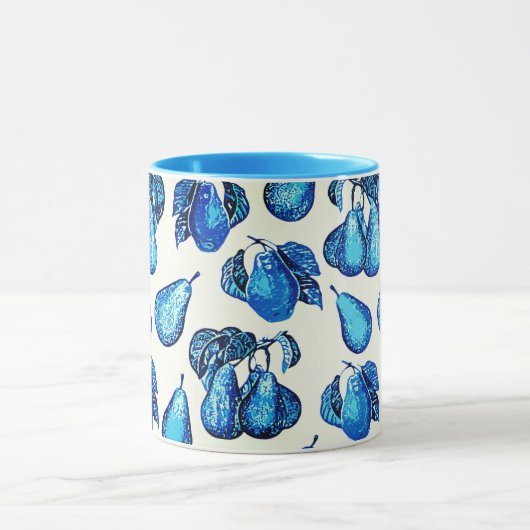 インディゴブルーとホワイトに散らばった梨のプリント マグカップ (中央)