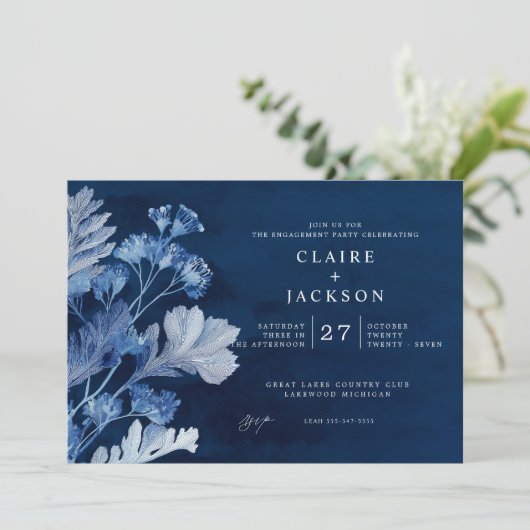 インディゴブルーの植物エンゲージメントパーティー 招待状 (スタンド正面)