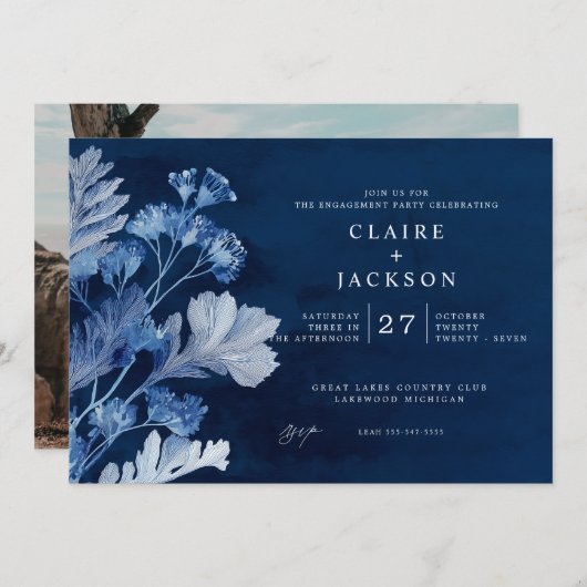 インディゴブルーの植物園でのエンゲージメントパーティー 招待状 (正面/裏面)