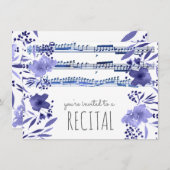 インディゴブルーの水彩画の花の音楽発表会 招待状 (正面/裏面)