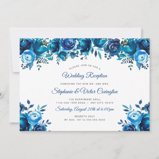 インディゴブルーの水彩花柄のウェディングレセプション 招待状 (正面)