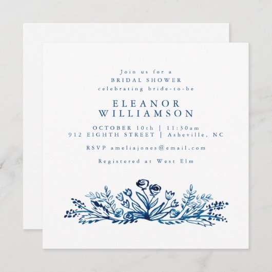 インディゴブルーインクラインアートフローラブライダルシャワー 招待状 (正面/裏面)