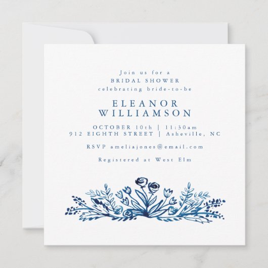 インディゴブルーインクラインアートフローラブライダルシャワー 招待状 (正面)