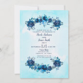 インディゴブルーウォーターカラーフラワーズ結婚フローラ 招待状 (正面)
