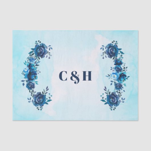 インディゴブルーウォーターカラーフラワーズ結婚フローラ 薄葉紙 (正面)
