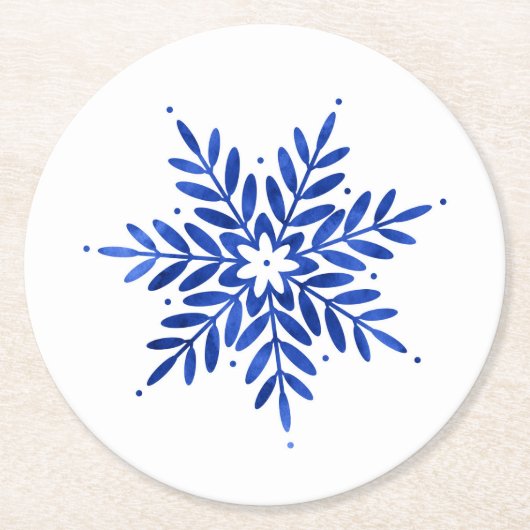 インディゴブルーウォーターカラー抽象芸術スノーフレーク ラウンドペーパーコースター (正面)