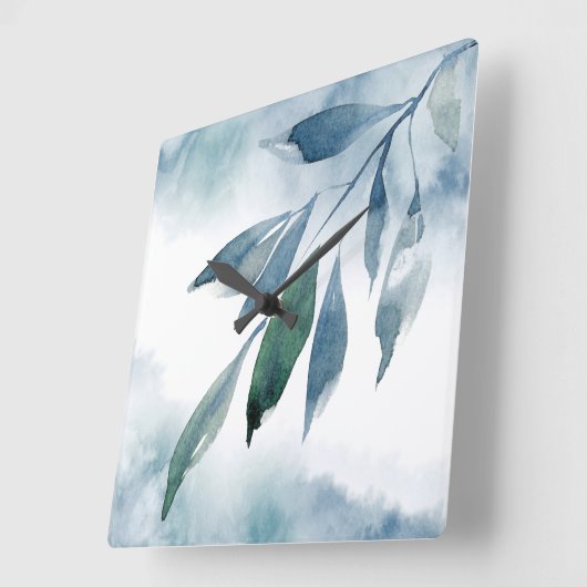 インディゴブルーグリーン葉抽象芸術 スクエア壁時計 (傾斜)