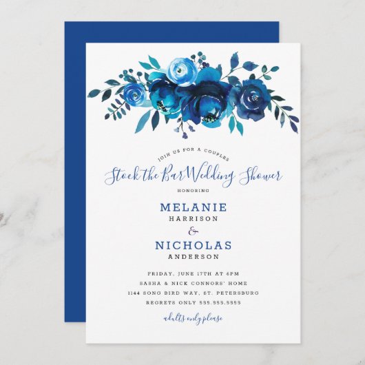 インディゴブルーストックザバーウェディングシャワー 招待状 (正面/裏面)