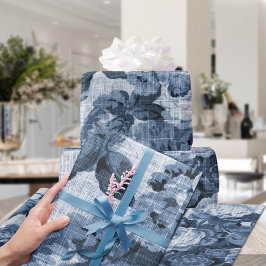 インディゴブルートーンヴィンテージフローラトイル織物第4番 ラッピングペーパー