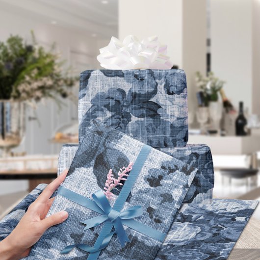 インディゴブルートーンヴィンテージフローラトイル織物第4番 ラッピングペーパー