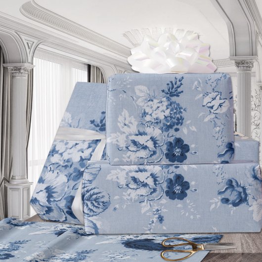 インディゴブルートーンヴィンテージフローラトイル織物第5番 ラッピングペーパー