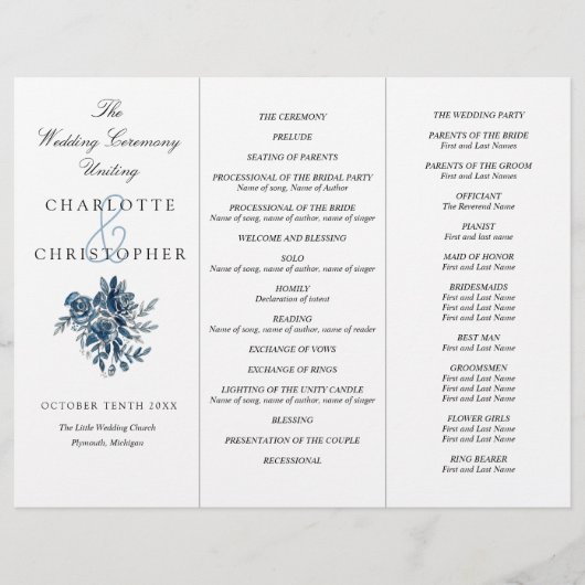 インディゴブルーフラワーズトリフォールドウェディングプログラム (正面)