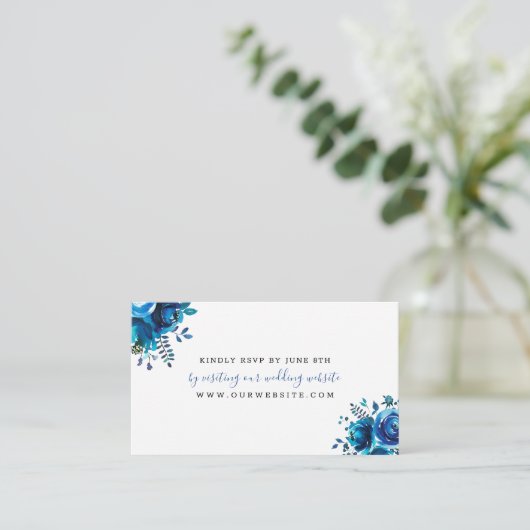 インディゴブルーフローラ結婚式RSVPオンライン エンクロージャーカード (スタンド正面)