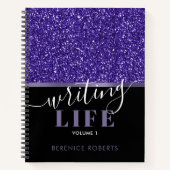 インディゴブルーブラックグリッターパーソナライズされた作家 ノートブック (正面)